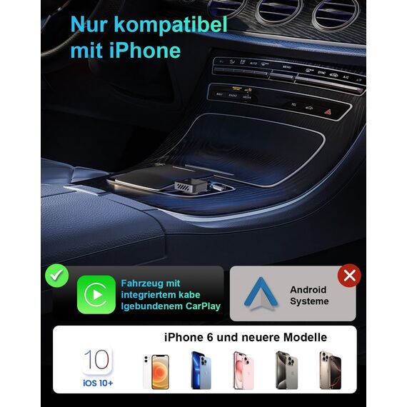 Nano Wireless CarPlay Adapter für iPhone, Wandelt kabelgebundenes CarPlay in kabelloses um, Stabile Steuerung & Keine Verzögerung, Mit USB-A auf USB-C Adapter