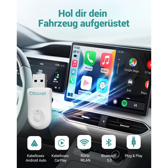 2025 Verbesserter 2-in-1 Wireless CarPlay & Android Auto Adapter, OTTOCAST MINI Kabelloser CarPlay Adapter für iOS 10+ & Android 11+, Wandelt kabelgebundenes CarPlay in Wireless um (Weiß)