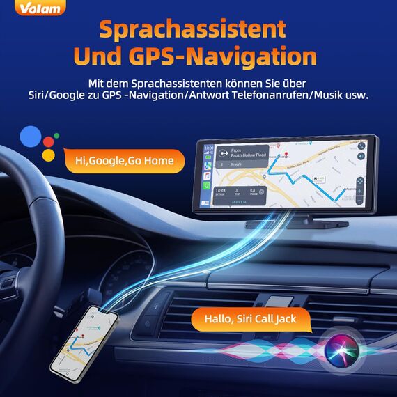Volam 9.26 Zoll CarPlay Bildschirm,Tragbares Autoradios kompatibel mit Apple CarPlay&Android Auto,Car Play IPS Touch Screen,Carplay Display mit siri/GOO-gle,GPS Navigation,Blue-Tooth,Mirror Link