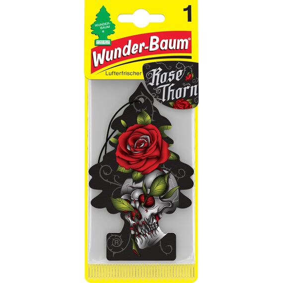 Wunder-Baum Rose Thorn Lufterfrischer – Moderne Rose mit roten Blüten, grünen Blättern & erdigen Noten – Langanhaltender Autoduft – Original Duftbaum mit Tattoo-Design