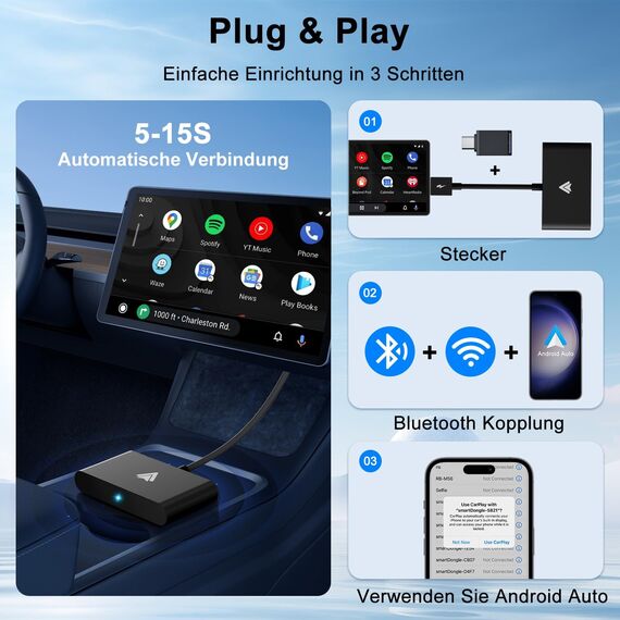 Uniytriox Android Auto Wireless Adapter, Android Auto Adapter für Werkseitig Verkabeltes auf Wireless, Kompatibel mit Android 11+ & 98% der Autos