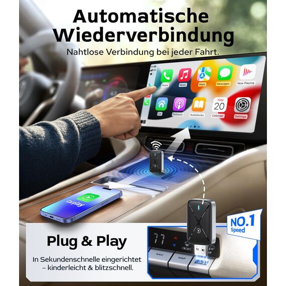 CarPlay Wireless Adapter, Mini Wireless CarPlay Adapter Konvertieren Sie Wired Carplay in Wireless, Schnelle Verbindung & Keine Verzögerung, mit USB & Type-C, Kompatibel mit Apple iPhone iOS 10+