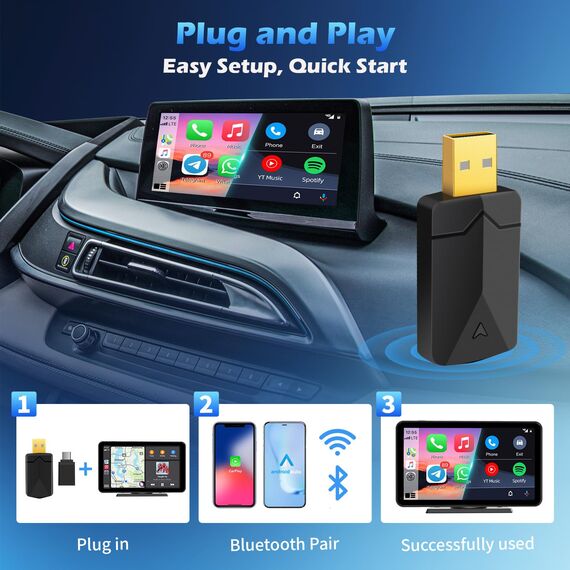 2 IN 1 Wireless Android Auto & Carplay Wireless Adapter, Convert Wired to Wireless Carplay Dongle, mit Type-C Adapter, Easy Plug & Play, Mini & Stabil, WiFi 5.8GHz, Unterstützt iOS 10+ und Android 11+
