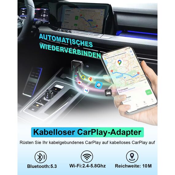 Nano Wireless CarPlay Adapter für iPhone, Wandelt kabelgebundenes CarPlay in kabelloses um, Stabile Steuerung & Keine Verzögerung, Mit USB-A auf USB-C Adapter