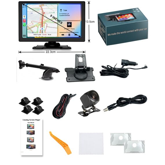 Carplay Display, 9" Apple Carplay, Android Auto Display mit 1080P HD Rückfahrkamera & Frontkamera, GPS-Navigation, Premium-Sound, Sprachsteuerung, Mirror Link, FM, AUX, Einfacher Einbau