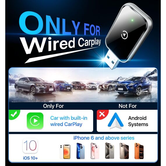 AIZEO Wireless CarPlay Adapter, Superschnelle Upgrade von Wired auf Wireless, Plug und Play, Mini & Stabiler, kompatibel mit iPhone iOS 10+ & Autos mit Wired CarPlay, Black