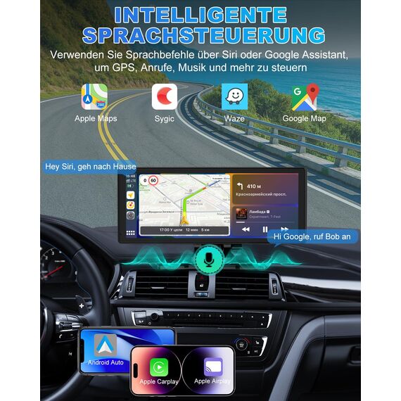 Carplay Display, 8.88" Apple Carplay, Android Auto Display mit 1080P HD Rückfahrkamera & Frontkamera, GPS-Navigation, Premium-Sound, Sprachsteuerung, Mirror Link, FM, AUX, Einfacher Einbau