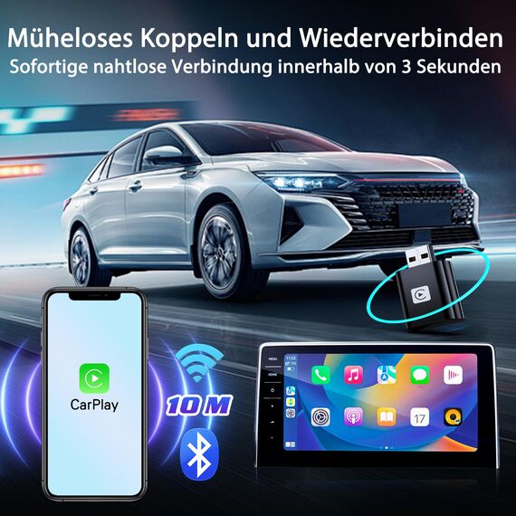 Mini Wireless CarPlay Adapter for Apple, 2025 Upgrade CarPlay Dongle Konvertiert Kabelgebunden zu Kabellos for iPhone, USB C/A Plug and Playfür only für iOS 10+