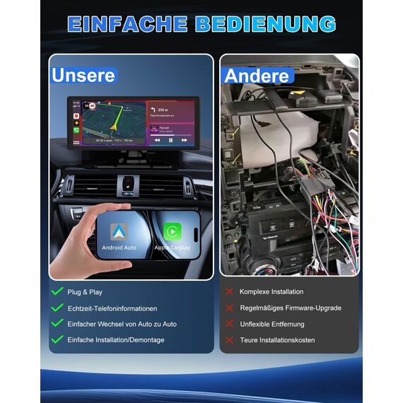 Carplay Display, 8.88" Apple Carplay, Android Auto Display mit 1080P HD Rückfahrkamera & Frontkamera, GPS-Navigation, Premium-Sound, Sprachsteuerung, Mirror Link, FM, AUX, Einfacher Einbau