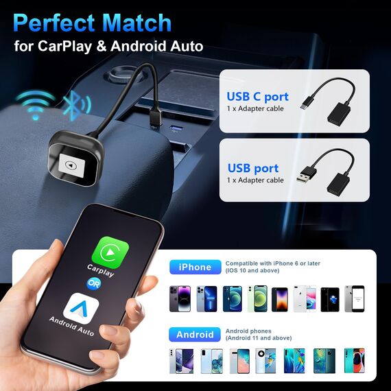 Wireless und CarPlay Adapter, Schnelles Konvertieren von Wired CarPlay, Plug and Play, Auto-Verbindung, Mini & Stabil für iPhone und Android (Grau)