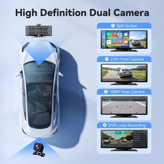 10,26 Zoll 4K Wireless Carplay Display Android Auto Display,Autoradio Kabelloses Carplay Bildschirm,Android Auto Bildschirm mit AUX/FM,Dash Cam,Rückfahrkamera,Mirror Link,Bluetooth für alle Fahrzeuge
