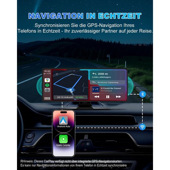 Carplay Display, 10.26" Apple Carplay, Android Auto Display mit 1080P HD Rückfahrkamera & Frontkamera, GPS-Navigation, Premium-Sound, Sprachsteuerung, Zigarettenanzünder mit Zwei Anschlüssen, FM, AUX