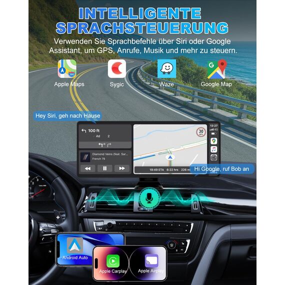 Carplay Display, 10.26" Apple Carplay, Android Auto Display mit 1080P HD Rückfahrkamera & Frontkamera, GPS-Navigation, Premium-Sound, Sprachsteuerung, Zigarettenanzünder mit Zwei Anschlüssen, FM, AUX