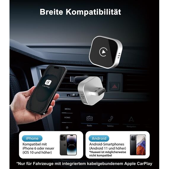 CarPlay Wireless Adapter, Compatible with CarPlay+Android Auto, Plug und Play, Mini Stable Wireless CarPlay Adapter, Compatible Apple iOS 10+ and Vehicles Produced After 2016 with Wired Car Play.