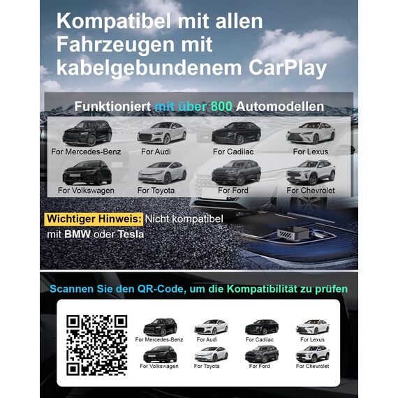 Nano Wireless CarPlay Adapter für iPhone, Wandelt kabelgebundenes CarPlay in kabelloses um, Stabile Steuerung & Keine Verzögerung, Mit USB-A auf USB-C Adapter