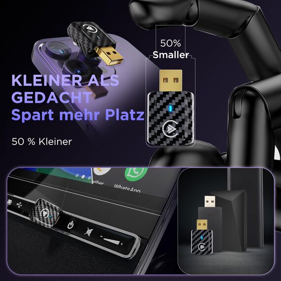 MSXTTLY CarPlay Wireless Adapter, Android Auto Adapter U2AC-01, Wandelt Ihr Wired in Wireless mit Car Play/AndroidAuto um, Kompatibel mit iPhone 17 16-5 Pro MAX und Android 11+, USB-C/A Schwarz