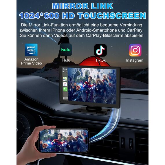 Carplay Display, 9" Apple Carplay, Android Auto Display mit 1080P HD Rückfahrkamera & Frontkamera, GPS-Navigation, Premium-Sound, Sprachsteuerung, Mirror Link, FM, AUX, Einfacher Einbau