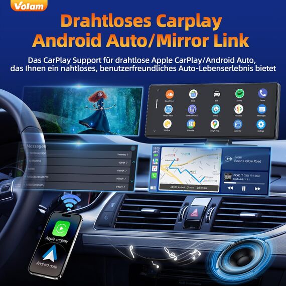 Volam 9.26 Zoll CarPlay Bildschirm,Tragbares Autoradios kompatibel mit Apple CarPlay&Android Auto,Car Play IPS Touch Screen,Carplay Display mit siri/GOO-gle,GPS Navigation,Blue-Tooth,Mirror Link