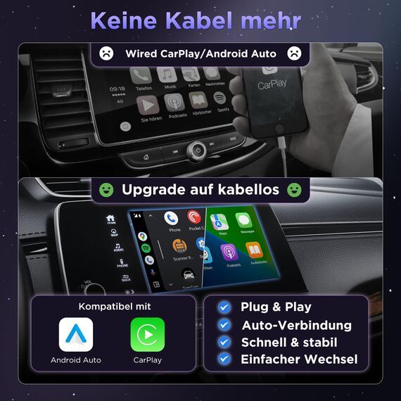 MSXTTLY CarPlay Wireless Adapter, Android Auto Adapter U2AC-01, Wandelt Ihr Wired in Wireless mit Car Play/AndroidAuto um, Kompatibel mit iPhone 17 16-5 Pro MAX und Android 11+, USB-C/A Schwarz