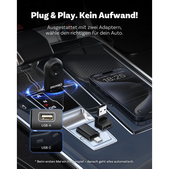 2025 Verbesserter 2-in-1 Wireless CarPlay & Android Auto Adapter, OTTOCAST MINI Kabelloser CarPlay Adapter für iOS 10+ & Android 11+, Wandelt kabelgebundenes CarPlay in Wireless um (Schwarz)