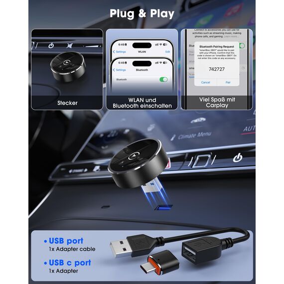dralud 2025 Wireless CarPlay Adapter for iPhone, Converts Factory Wired to Wireless CarPlay Dongle for Cars from 2016 and iOS 10+, Plug and Play, No Latency