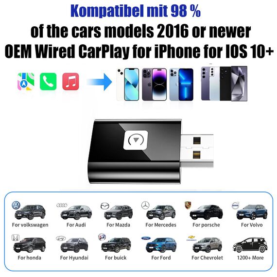 Mini Wireless CarPlay Adapter for Apple, 2025 Upgrade CarPlay Dongle Konvertiert Kabelgebunden zu Kabellos for iPhone, USB C/A Plug and Playfür only für iOS 10+