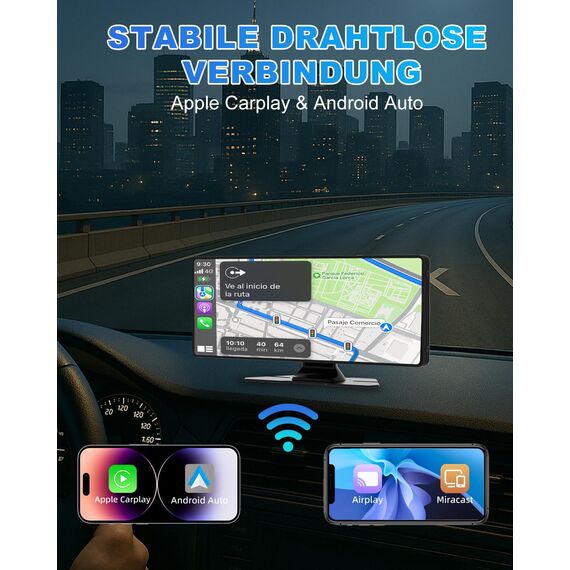 Carplay Display, 10.26" Apple Carplay, Android Auto Display mit 1080P HD Rückfahrkamera & Frontkamera, GPS-Navigation, Premium-Sound, Sprachsteuerung, Zigarettenanzünder mit Zwei Anschlüssen, FM, AUX