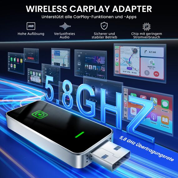 Wireless CarPlay Adapter Kompatibel mit iPhone, Konvertieren von Kabelgebunden zu Kabellos, CarPlay Dongle Plug & Play für Apple iOS 10+ und Auto ab 2019+, Intelligente Sprachsteuerung, Schwarz