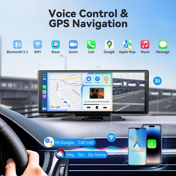 10,26 Zoll 4K Wireless Carplay Display Android Auto Display,Autoradio Kabelloses Carplay Bildschirm,Android Auto Bildschirm mit AUX/FM,Dash Cam,Rückfahrkamera,Mirror Link,Bluetooth für alle Fahrzeuge