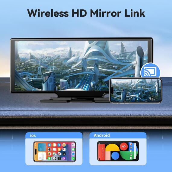 10,26 Zoll 4K Wireless Carplay Display Android Auto Display,Autoradio Kabelloses Carplay Bildschirm,Android Auto Bildschirm mit AUX/FM,Dash Cam,Rückfahrkamera,Mirror Link,Bluetooth für alle Fahrzeuge