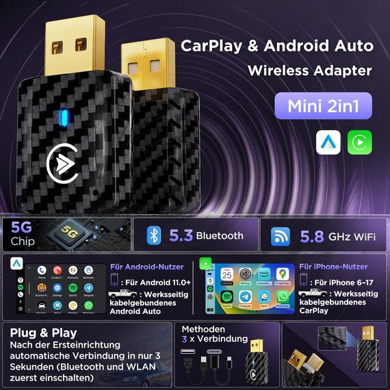 MSXTTLY CarPlay Wireless Adapter, Android Auto Adapter U2AC-01, Wandelt Ihr Wired in Wireless mit Car Play/AndroidAuto um, Kompatibel mit iPhone 17 16-5 Pro MAX und Android 11+, USB-C/A Schwarz