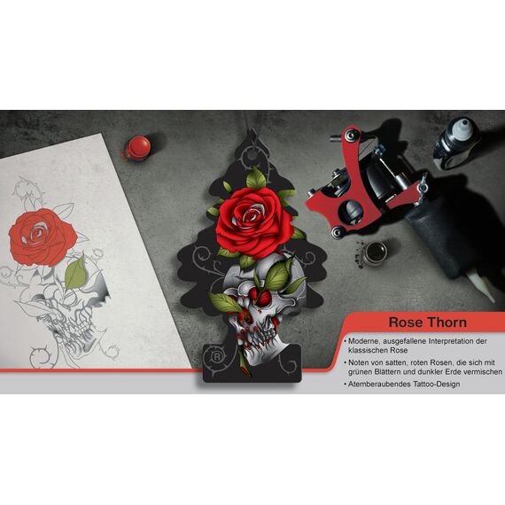 Wunder-Baum Rose Thorn Lufterfrischer – Moderne Rose mit roten Blüten, grünen Blättern & erdigen Noten – Langanhaltender Autoduft – Original Duftbaum mit Tattoo-Design