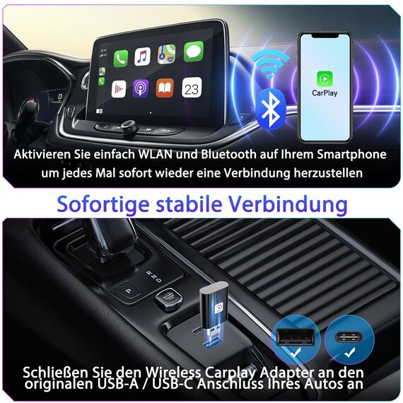 Mini Wireless CarPlay Adapter for Apple, 2025 Upgrade CarPlay Dongle Konvertiert Kabelgebunden zu Kabellos for iPhone, USB C/A Plug and Playfür only für iOS 10+