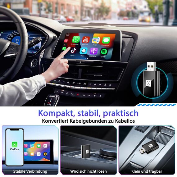 Mini Wireless CarPlay Adapter for Apple, 2025 Upgrade CarPlay Dongle Konvertiert Kabelgebunden zu Kabellos for iPhone, USB C/A Plug and Playfür only für iOS 10+