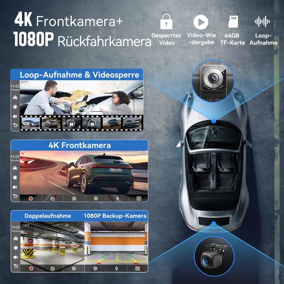 Carpeer 9 Zoll CarPlay & Android Auto Display Digital Receiver mit 4K Frontkamera + 1080P Rückfahrkamera, Kabelloses Carplay Bildschirm mit AUX/FM, Bluetooth, GPS, Siri, Mirror Link 64G TF