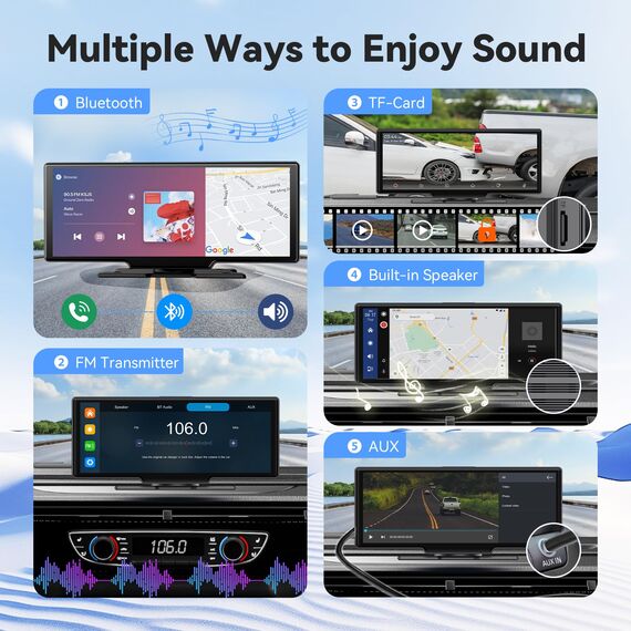 10,26 Zoll 4K Wireless Carplay Display Android Auto Display,Autoradio Kabelloses Carplay Bildschirm,Android Auto Bildschirm mit AUX/FM,Dash Cam,Rückfahrkamera,Mirror Link,Bluetooth für alle Fahrzeuge