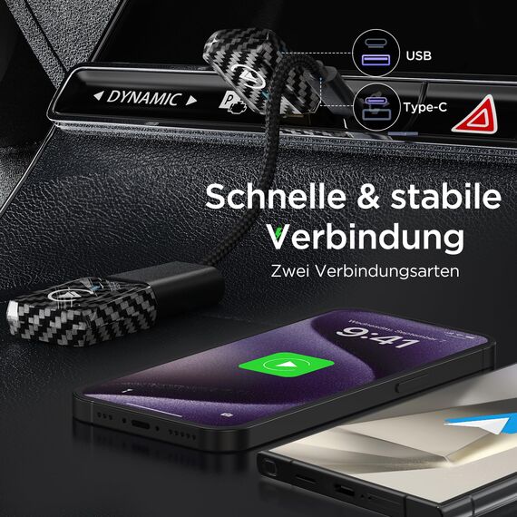 MSXTTLY CarPlay Wireless Adapter, Android Auto Adapter U2AC-01, Wandelt Ihr Wired in Wireless mit Car Play/AndroidAuto um, Kompatibel mit iPhone 17 16-5 Pro MAX und Android 11+, USB-C/A Schwarz
