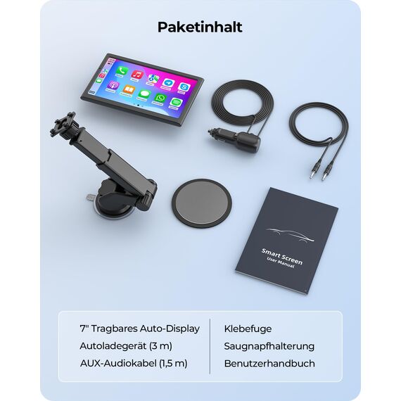 Krunia 7" Drahtloses Tragbares 60FPS Car Play Display für Apple CarPlay & Android Auto, Hoch und Querformat, Mirror Link, Bluetooth, Sprachsteuerung, GPS-Navigation, Optional Rückfahrkamera Möglich