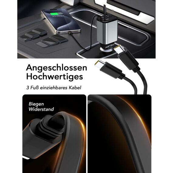 Aimtel 4 in 1 Zigarettenanzünder USB C 69W Auto Ladegerät, Kfz Ladegerät für Camping Wohnmobil Ladegerät Auto, Car Charger mit Einziehbarem Kabel,12V/24V USB Adapter Auto Kompatibel mit iPhone/Samsung