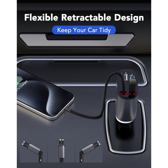 Aimtel 4 in 1 Zigarettenanzünder USB C 69W Auto Ladegerät, Kfz Ladegerät für Camping Wohnmobil Ladegerät Auto, Car Charger mit Einziehbarem Kabel,12V/24V USB Adapter Auto Kompatibel mit iPhone/Samsung