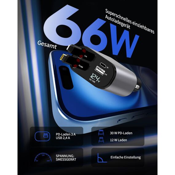 Aimtel 4 in 1 Zigarettenanzünder USB C 69W Auto Ladegerät, Kfz Ladegerät für Camping Wohnmobil Ladegerät Auto, Car Charger mit Einziehbarem Kabel,12V/24V USB Adapter Auto Kompatibel mit iPhone/Samsung