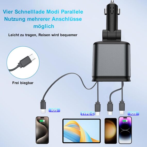 Aimtel Verbessertes Starlight Einziehbares Auto 69W Ladegerät Zigarettenanzünder USB Adapter KFZ USB C Zigarettenanzünder Kompatibel mit iPhone17/17 Pro Max/16/15/14/AirPods/Galaxy S25/Google Pixel 9