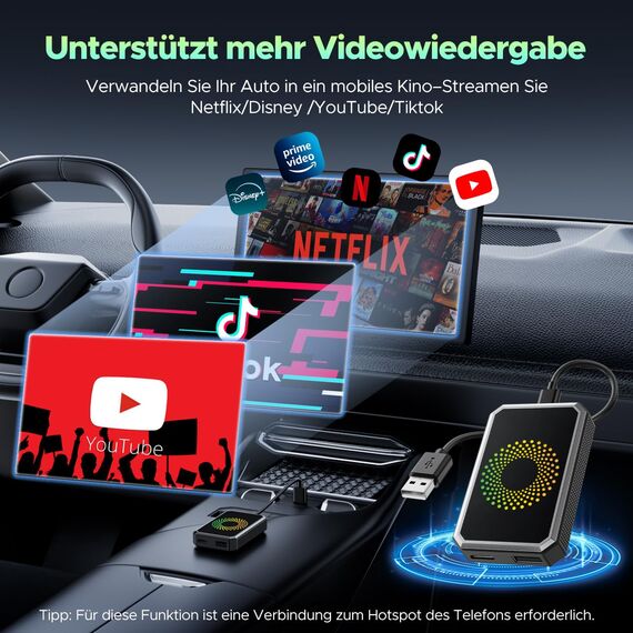 LAMTTO Wireless CarPlay AI-Box Adapter für Auto Streaming Netflix YouTube TikTok auf Autobildschirm Kompatibel mit OEM Wired CarPlay Autos und Touchscreen (2016-2020)