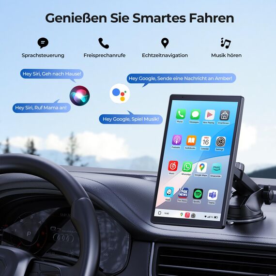 8'' Tragbares Carplay Display für Apple CarPlay & Android Auto, 1440x900 HD Display, Magnetische Halterung, OTA-Updates, Rückfahrkamera, Bluetooth, Sprachsteuerung, GPS-Navigation