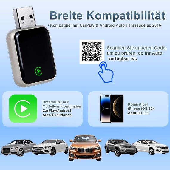 CarPlay Wireless 2 in 1 SOARFLY Adapter - Android Auto, Konvertiert Kabel in Kabellos Plug Play USB C/A, 5,8 GHz WiFi Bluetooth 5.3, kompatibel iOS 10+ Android 11+ (2025) (K7)