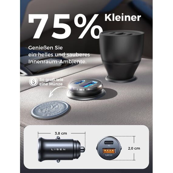 LISEN 54W Zigarettenanzünder USB C, PD&QC3.0 Auto Ladegerät KFZ, 12V USB Adapter Auto Zigarettenanzünder Steckdose für iPhone 17 Pro Max Air, Galaxy S25 Ultra, Xiaomi 15 und mehr