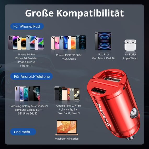 SYNCWIRE 90W Zigarettenanzünder USB C & USB Auto Adapter [PD 45W & QC 45W] Super Mini Ganzmetall KFZ Ladegerät USBC Schnellladung Kompatibel mit iPhone 15 14 13 12 Pro Max, Google Pixel 7/6, Samsung