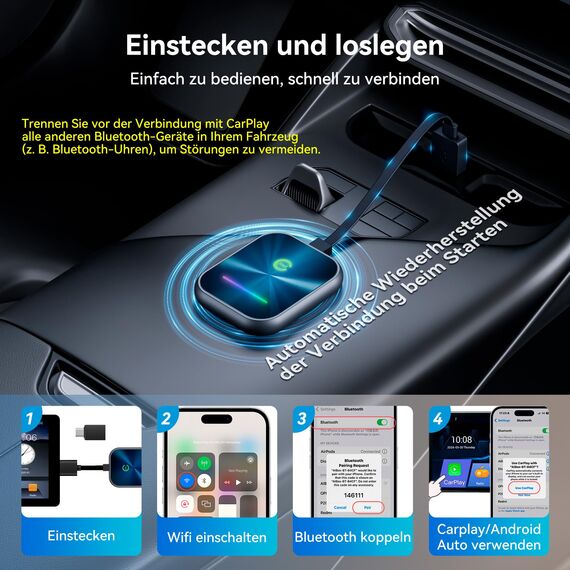 KUKIHO CarPlay Wireless Adapter 2025 – Kabellos-Upgrade für iPhone, Wandelt kabelgebundenes CarPlay in drahtlos um, USB-A/C Plug & Play, Kompatibel mit iOS 10+ & Fahrzeugen mit Apple CarPlay