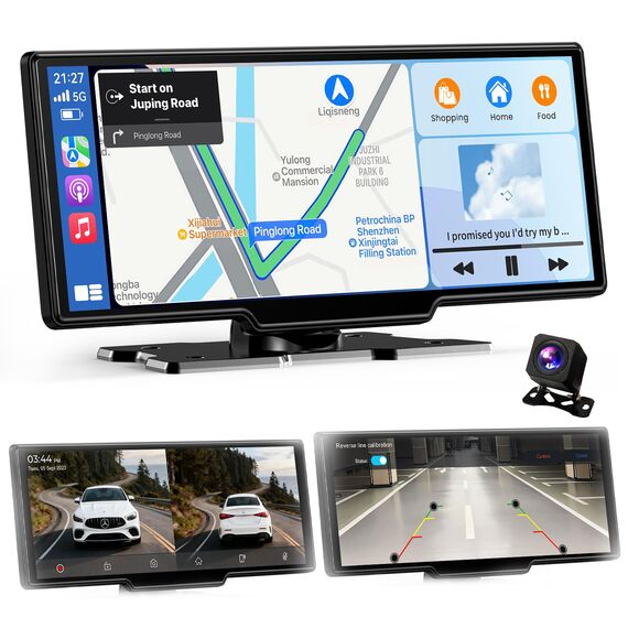 11 Zoll für Apple Carplay Display & Android Auto Display: Car Play Display mit GPS Navigation 4K Dashcam Rückfahrkamera Bluetooth Siri Sprachsteuerung IPS Touchscreen Mirror Link AUX FM 64G TF