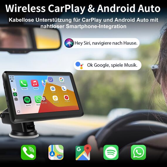 CarPlay Bildschirm, Wireless Android Auto Display mit Touchscreen, GPS Navigationsgeräte, Bluetooth Freisprecheinrichtung, MirrorLink, Tragbares Multimedia für Auto PKW LKW Wohnmobil (7 Zoll)
